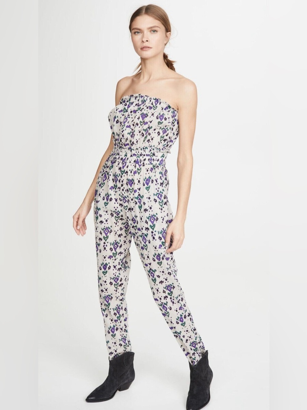 Isabel Marant Strapless Printed Jumpsuit in Ivory with Purple Accents